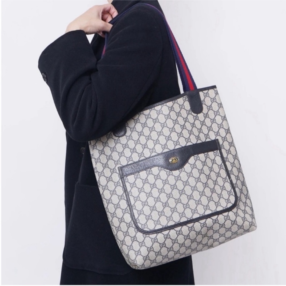 Gucci authentic navy grey monogram coated canvas tote bag ribbon handles - Picture 3 of 16